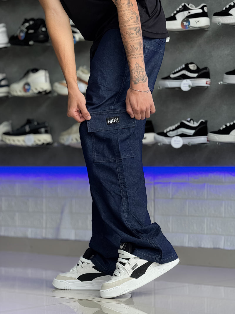 Calça Cargo Jeans Escura